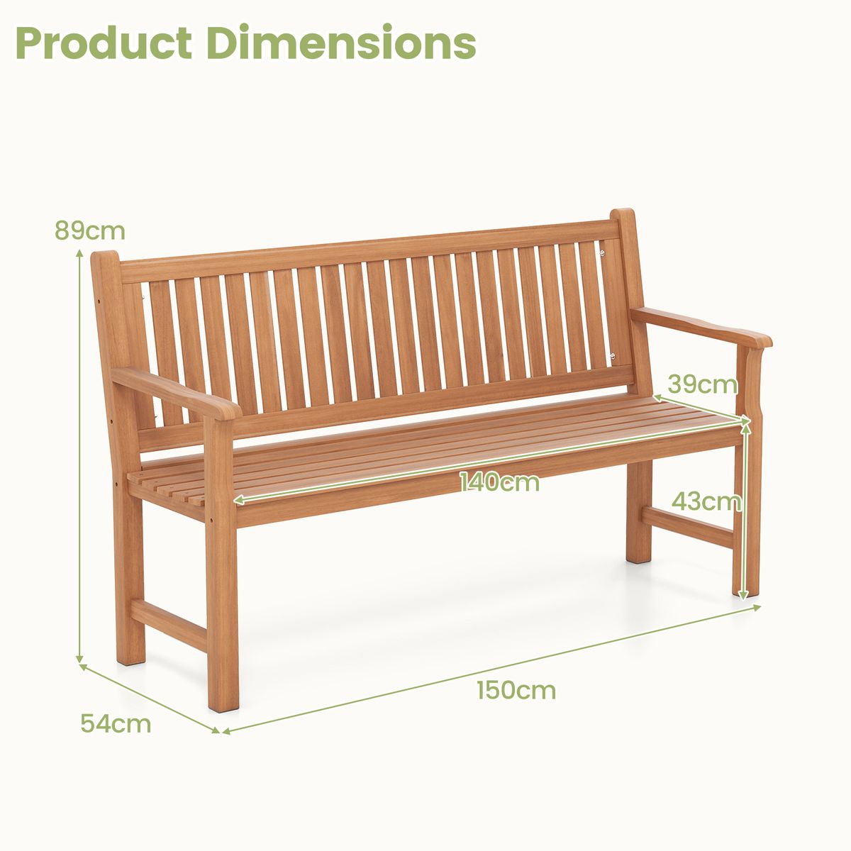 Banc de jardin Coast - banc trois places en bois de pin - dossier et accoudoirs ergonomiques - couleur naturelle - 150 x 53,5 x 89 cm