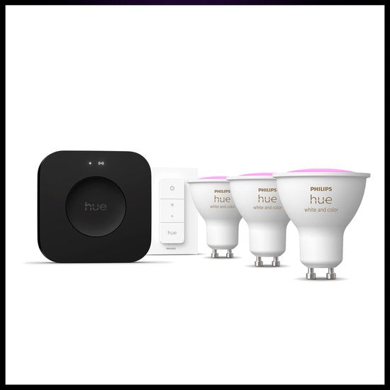 Kit de démarrage Philips Hue - culot GU10 - comprend 1 Hue Bridge Pro, 3 ampoules, 1 DimmerSwitch - lumière blanche et colorée réglable - - éclairage intelligent