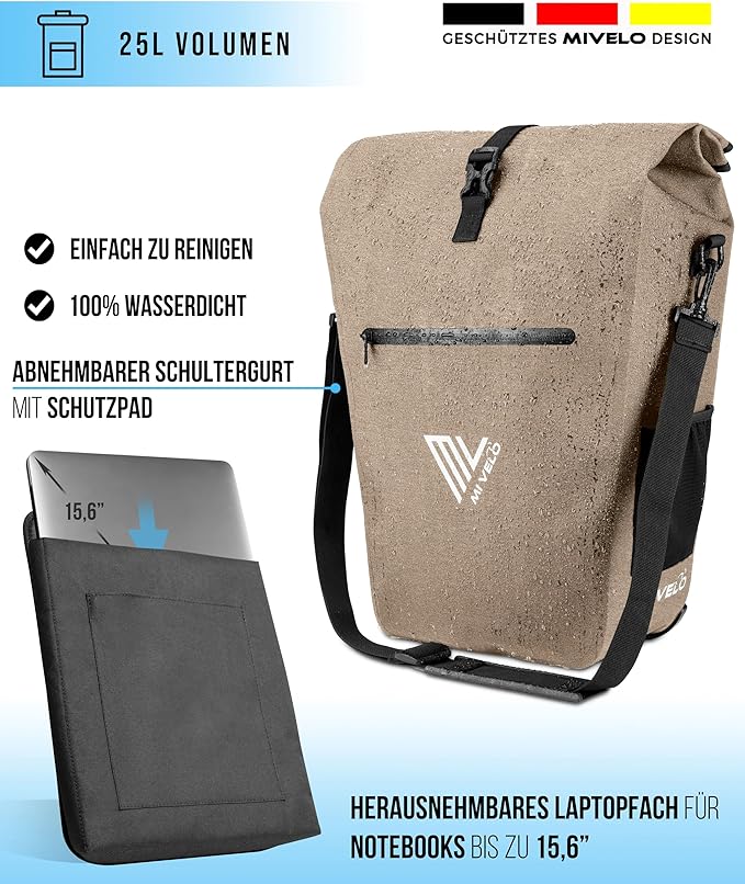Sac de vélo MIVELO – Imperméable, avec compartiment pour ordinateur portable et antivol – 25 litres – Beige sable