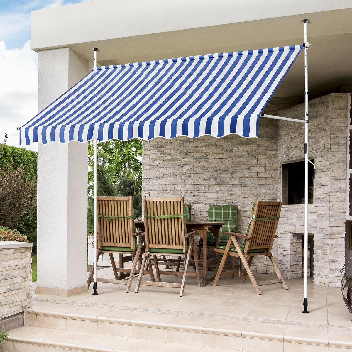 Yaheetech Store de balcon - Store à pince avec manivelle 250 cm - Réglable en hauteur - Bleu et blanc