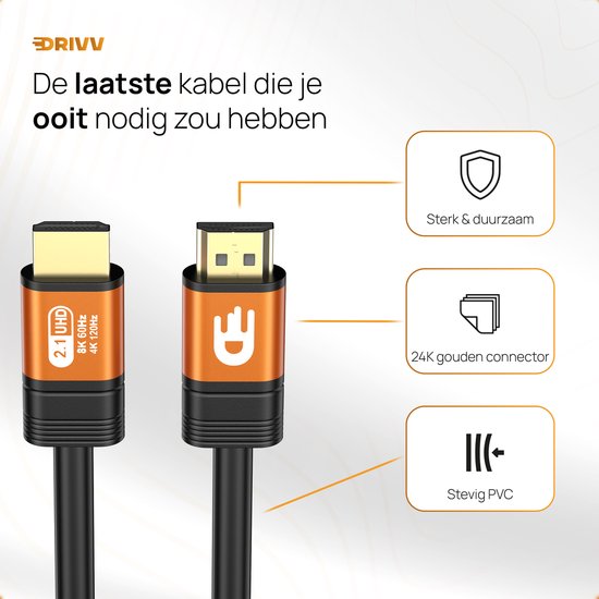 Drivv. Câble HDMI Premium 2.1 - Ultra HD - 8K 60Hz - 4K 120Hz - Convient à Xbox Series X & PS5 - 1 mètre - Orange