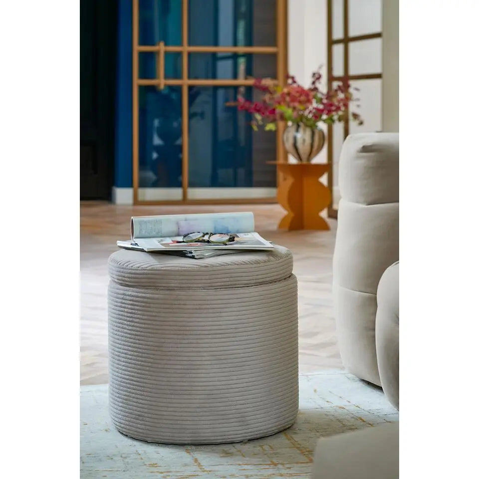 Mica Decorations : pouf de rangement rond avec couvercle - Ø 42 x 40,5 cm - Polyester avec structure en bois - Blanc cassé