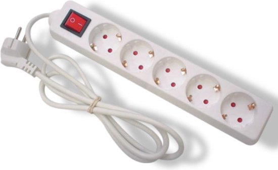 Multiprise Perel avec interrupteur, 5 prises avec mise à la terre (type F), câble de 1,5 m, 3G1,5, usage intérieur, blanc