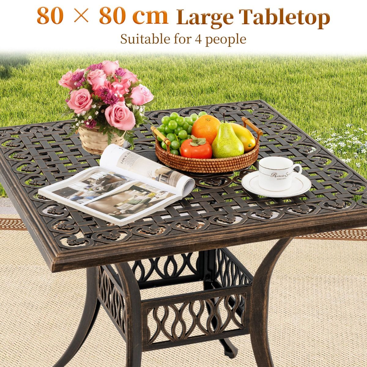 Table de terrasse carrée Coast - Aluminium moulé - Trou pour parasol de 4,8 cm - Bronze - 80 x 80 x 75 cm