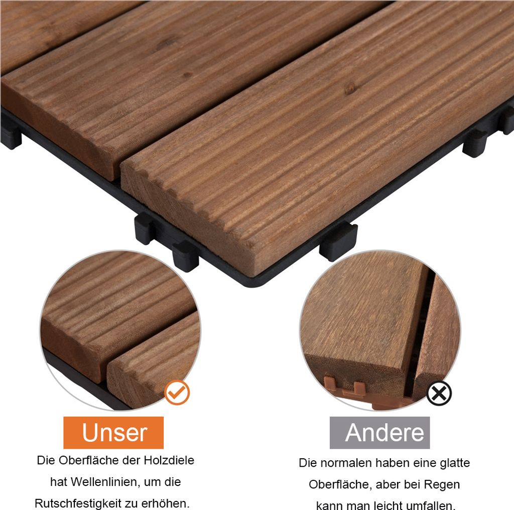 Dalles en bois à emboîter Yaheetech - 11 pièces - Environ 1 m² - 30 x 30 cm - Marron