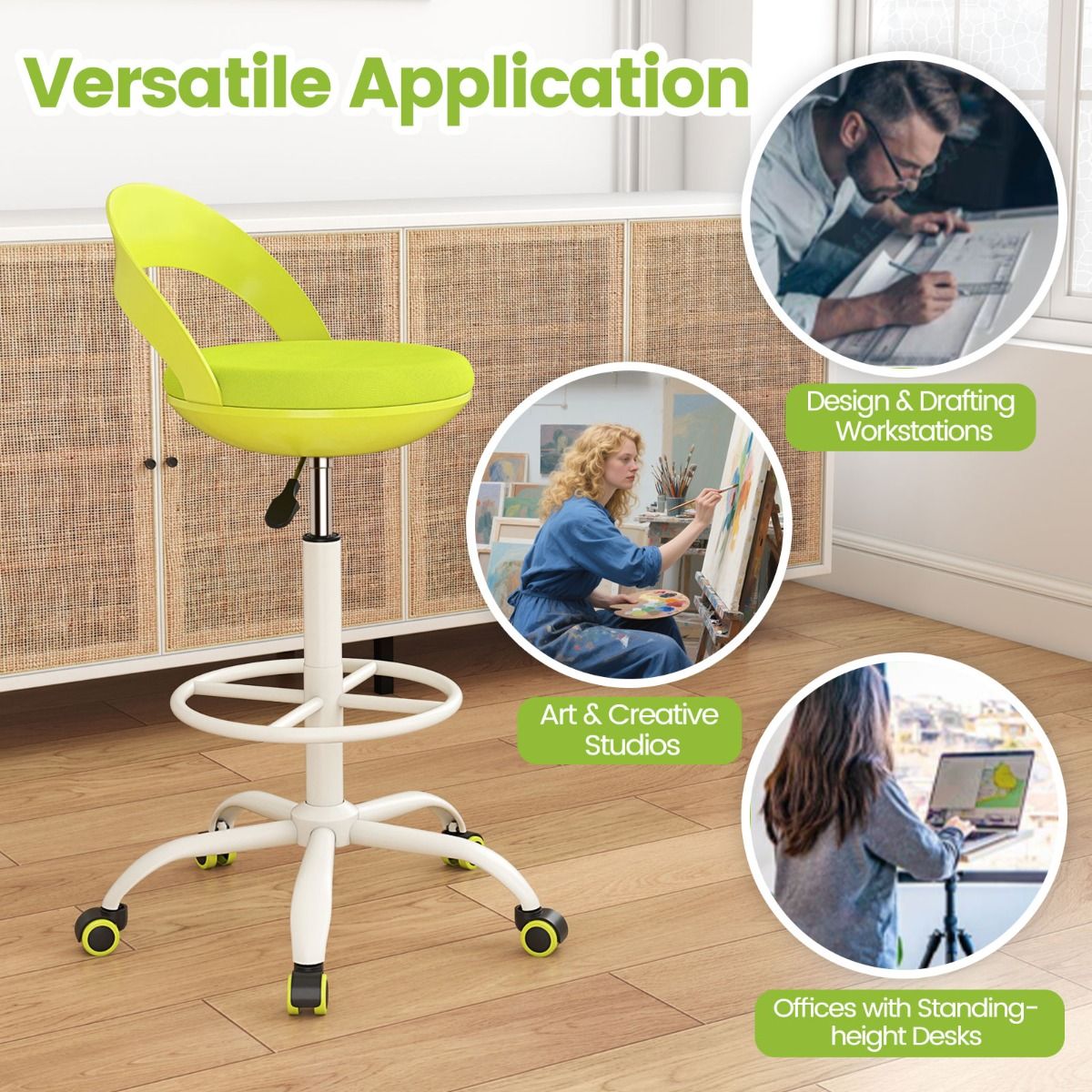 Chaise de travail réglable Coast avec roulettes - Tabouret pivotant ergonomique - Assise en similicuir - Vert