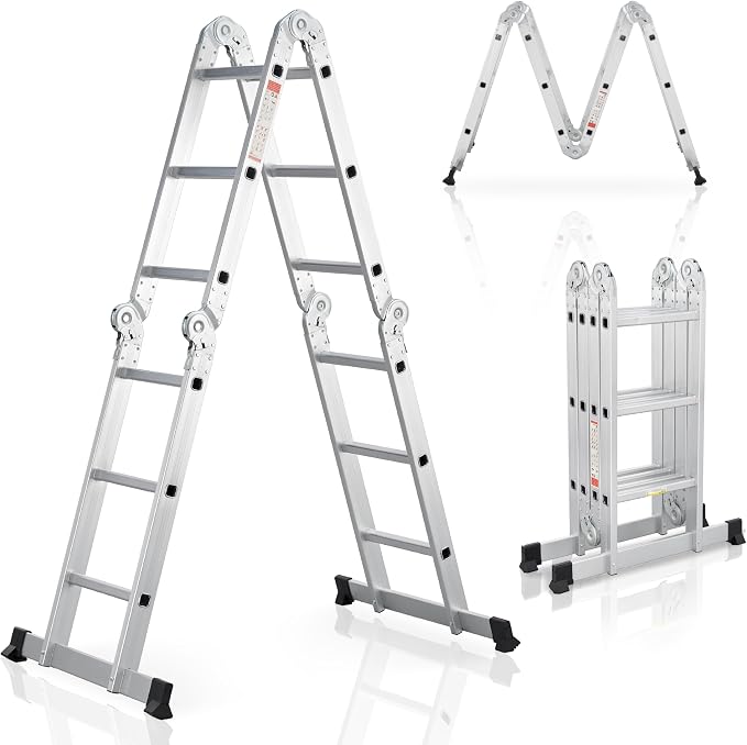 Échelle multifonctionnelle 4-en-1 – 4x3 marches – Aluminium et acier – Jusqu'à 150 kg – EN 131-4