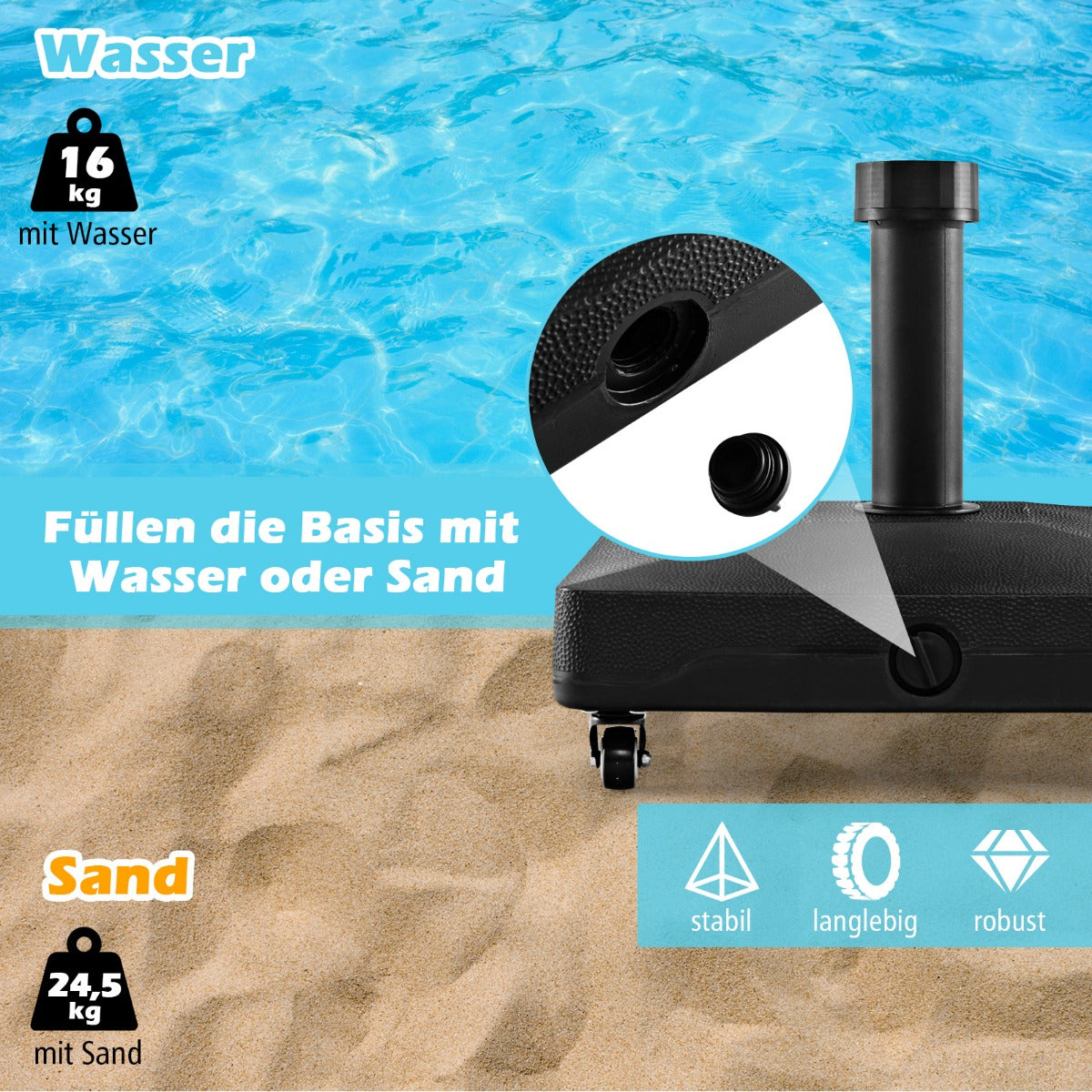 Base de parasol Coast sur roues - Remplissable - Max. 25 kg - 45 x 44 x 40 cm - Noir