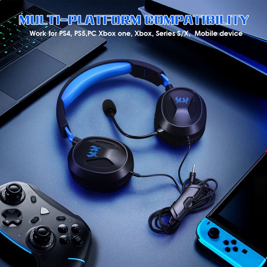 Casque gaming KOTION EACH G3100 - Casque circum-auriculaire avec microphone - Compatible avec Nintendo Switch, PS5, PS4, Xbox Series X|S, Xbox One, appareils mobiles et PC - Noir et bleu