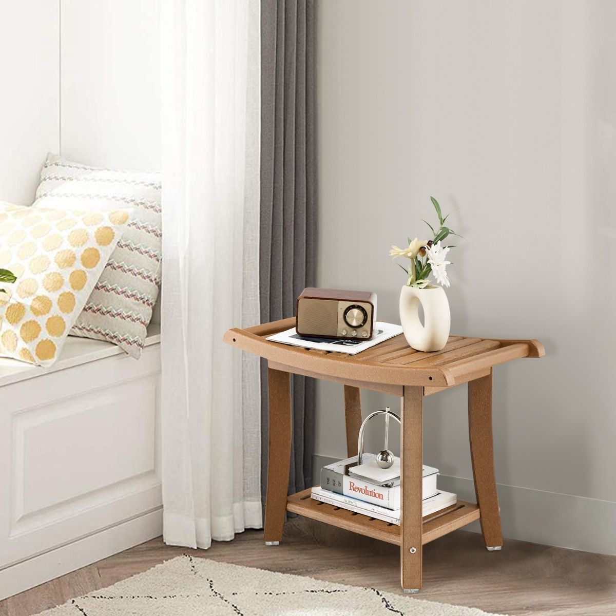 Tabouret de douche Coast - étanche - assise incurvée - tablette de rangement - marron - 60,5 x 34 x 48 cm