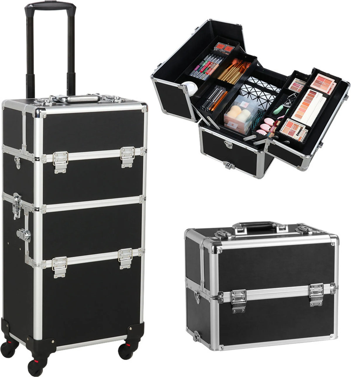 Valise de voyage cosmétique 3-en-1 Yaheetech 36 x 24 x 78 cm – Noir – Aluminium et plastique