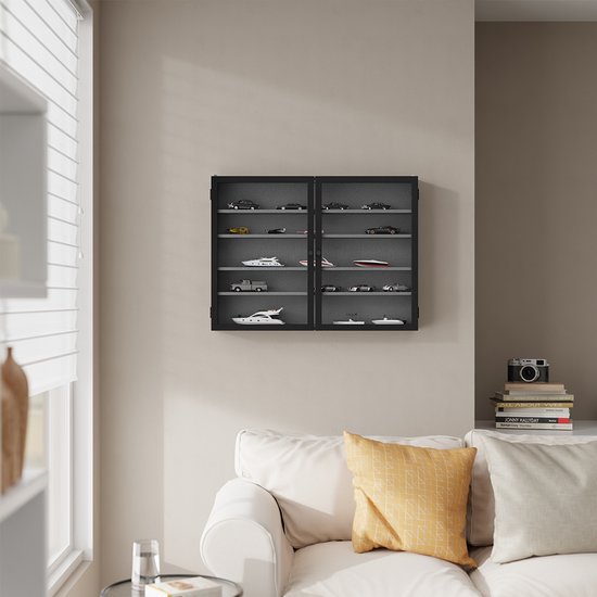 Vitrine murale SoBuy – 4 étagères réglables – Portes vitrées – 80 x 12,2 x 60 cm – Noir/Gris