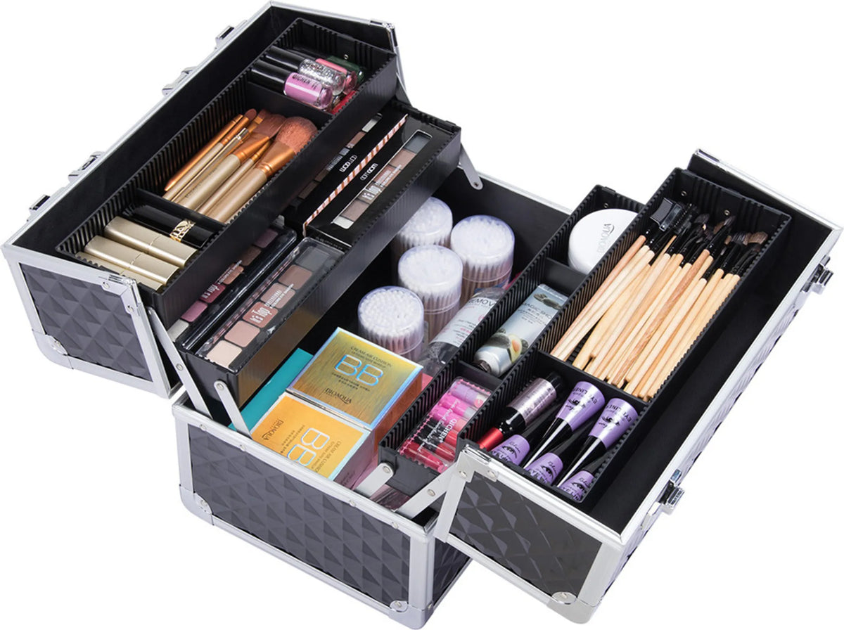 Yaheetech Make-up Case Beautycase - Avec 3 couches et des cloisons réglables et une serrure à clé - Pour les esthéticiennes et les coiffeurs - Aluminium noir - 34,7 x 22,2 x 25 cm