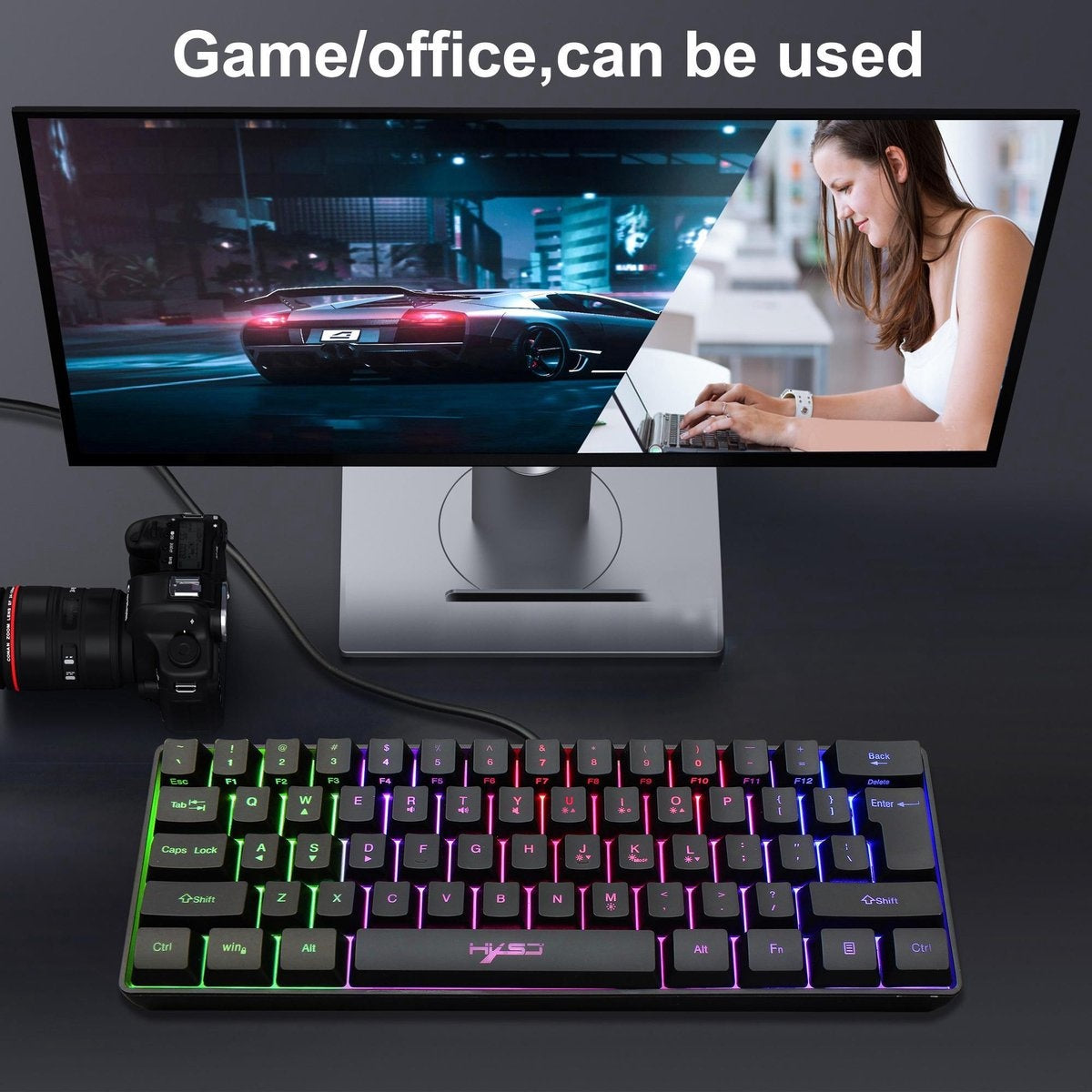 Clavier RGB HXSJ Gaming V700, 61 touches avec agencement Qwerty, LED, Noir