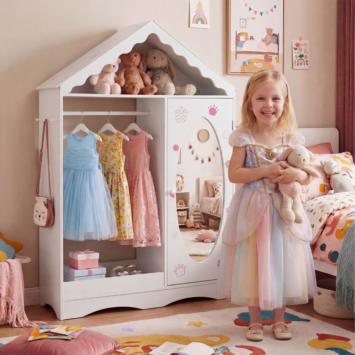 Armoire pour enfants Coast avec miroir - design en forme de toit - tringle à vêtements ouverte et étagères - blanche