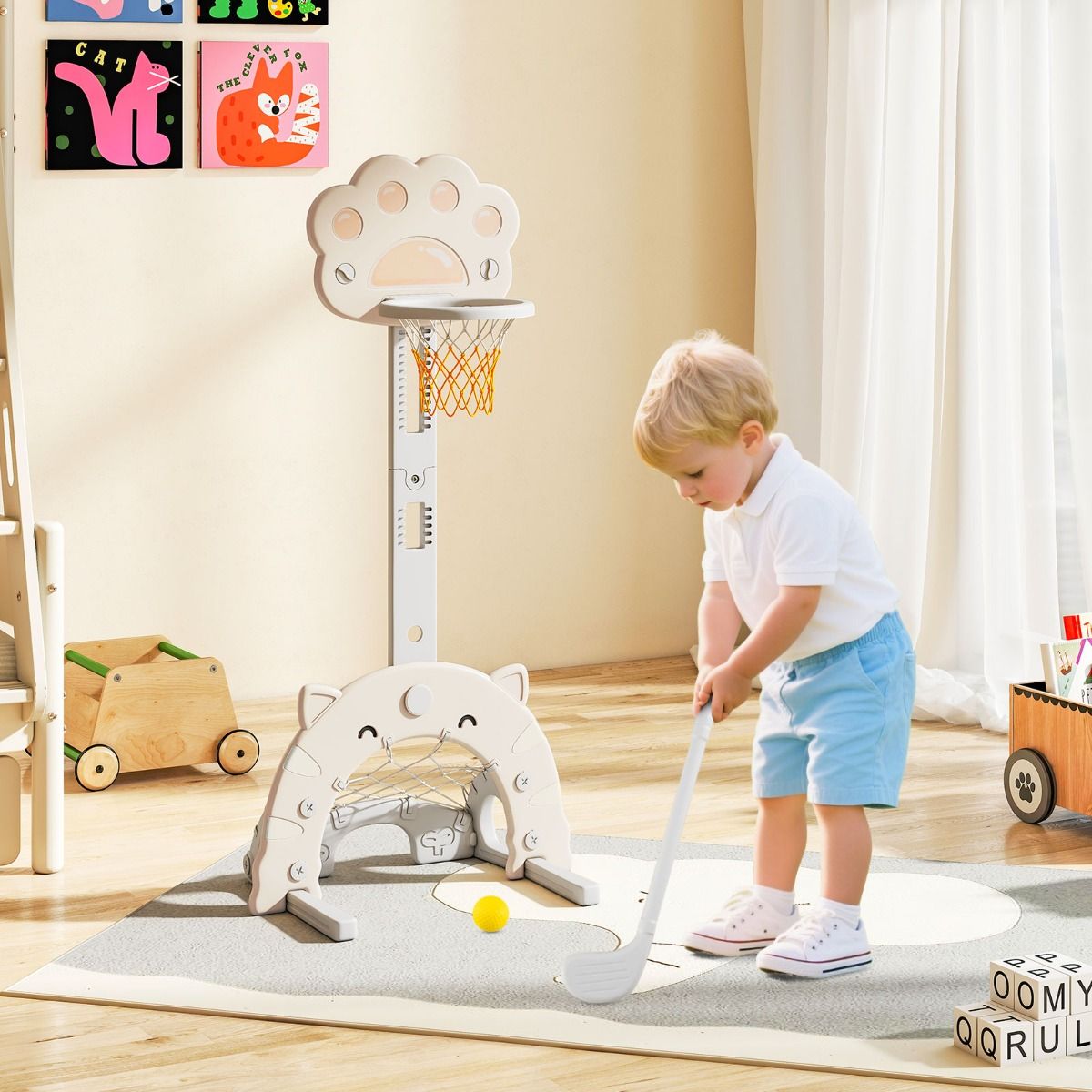Panier de basket et centre d'activités 3-en-1 Coast - Hauteur réglable - Pour l'intérieur et l'extérieur - Gris et blanc