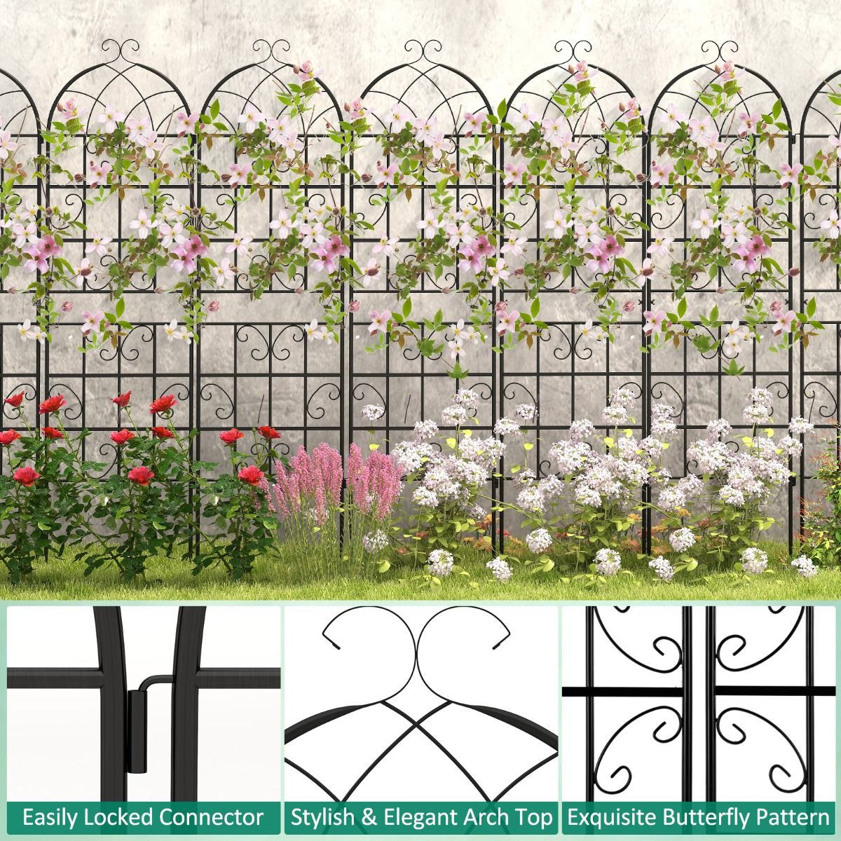 Ensemble de treillis Coast - Treillis métallique pour plantes en 2 parties - Treillis de jardin autoportant - 180 x 50 cm - noir