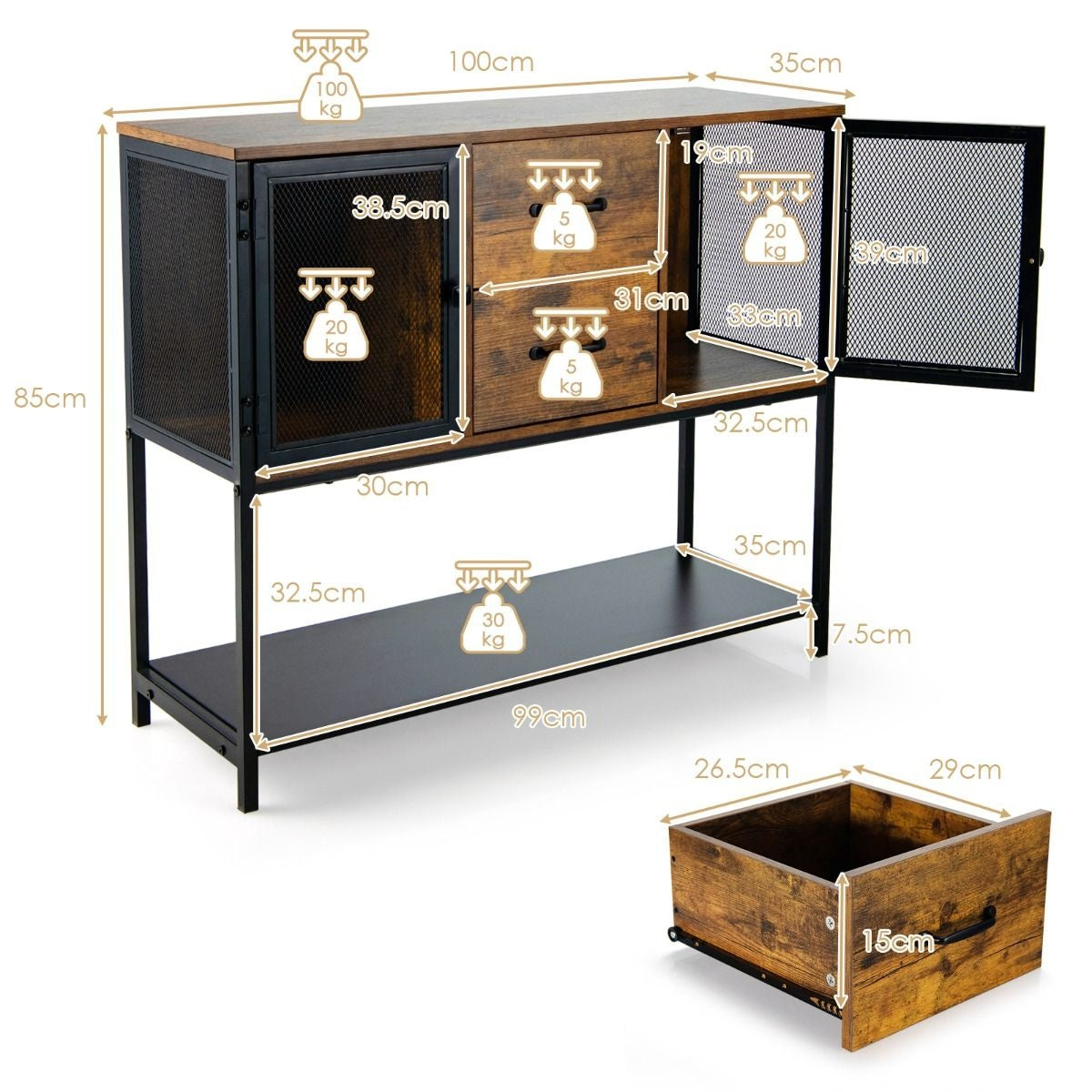 Coast Buffet industriel multifonctionnel avec 2 armoires grillagées et 2 tiroirs 100 x 35 x 85 cm