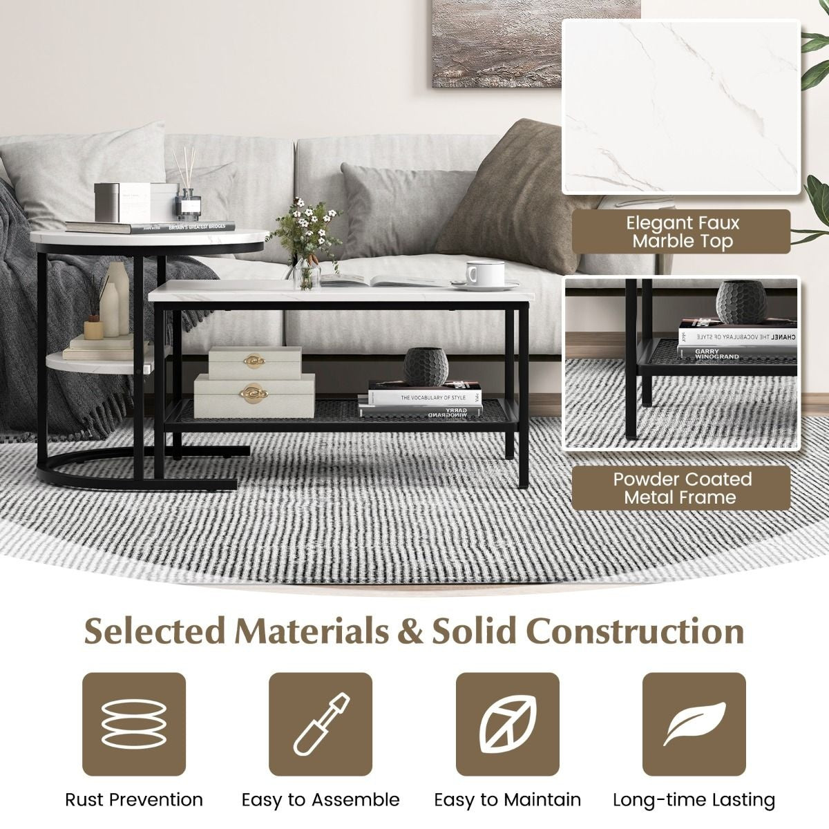 Coast Side Table - Set of 2 - Marble print - White/Black