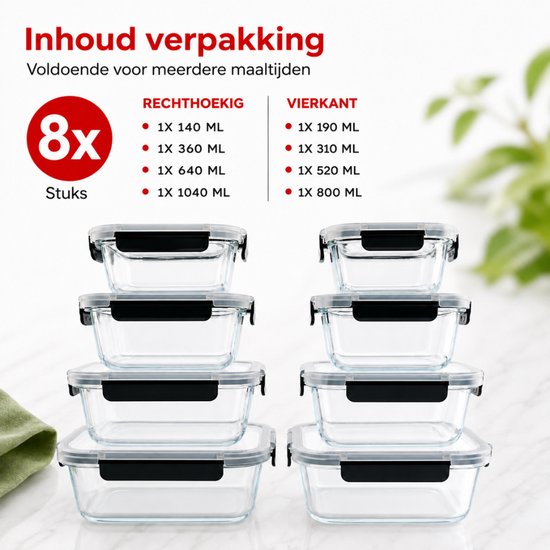 Boîtes de préparation de repas Organess - Boîtes de conservation - Boîtes pour surgelés - Lot de 8 pièces - Sans BPA - Verre - Couvercles sans BPA