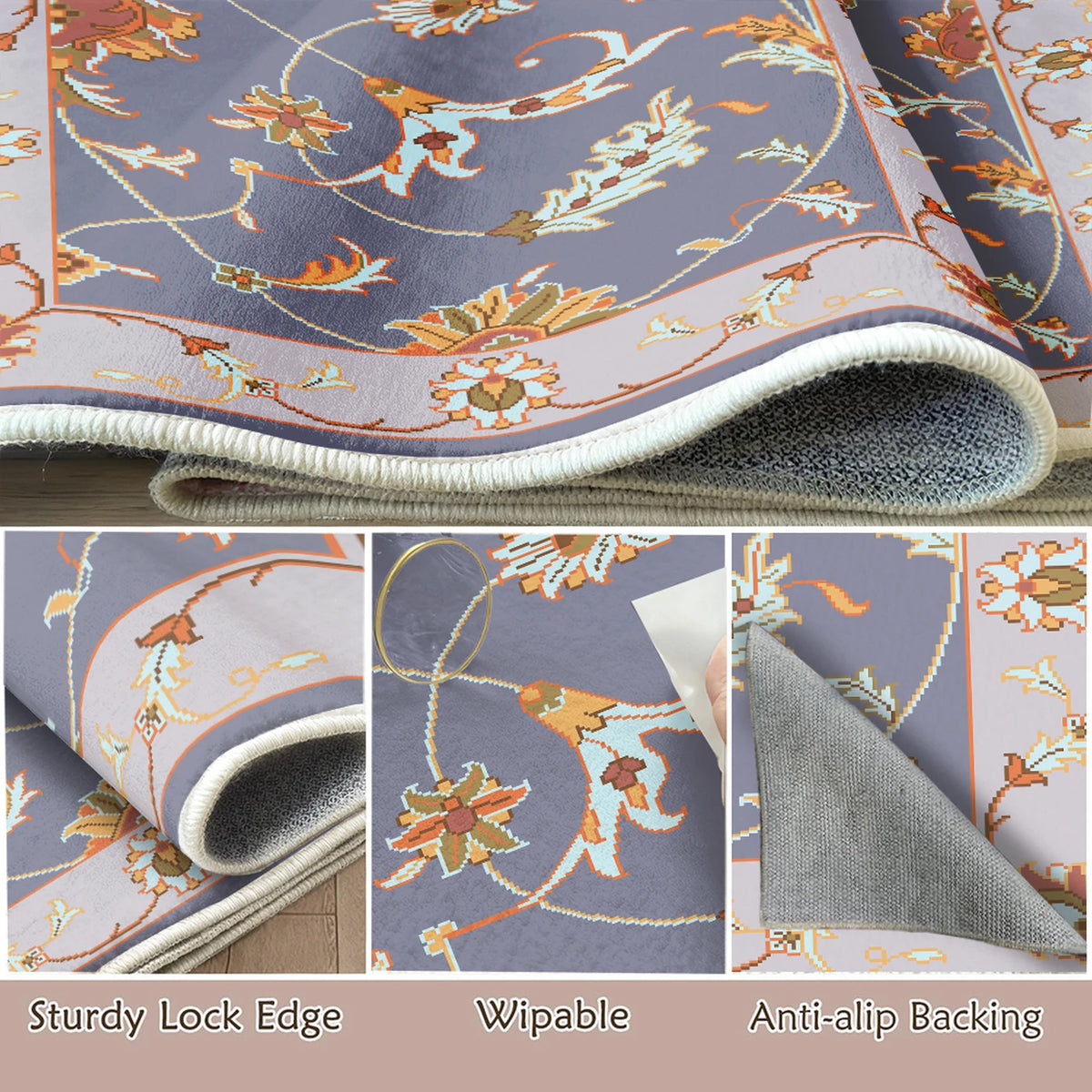 Tapis WhereHike, motif fleurs et oiseaux - Violet - 183 x 274 cm - Lavable, antidérapant