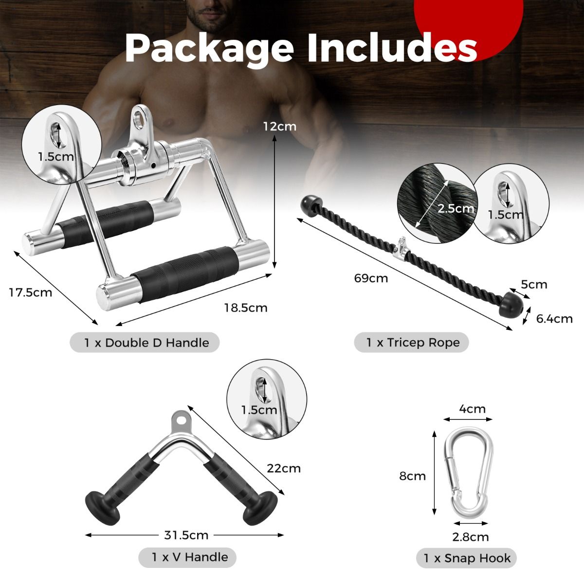 Kit d'accessoires pour machine à câbles Coast - Poignée en V - Double poignée en D - Corde pour triceps - Noir et argent