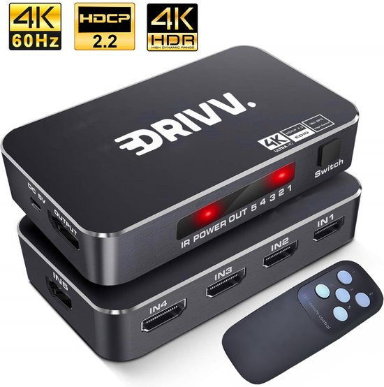Drivv. Commutateur HDMI 4K 60Hz - 5 entrées 1 sortie - Télécommande incluse - Commutation automatique - Supporte 720p/1080p/4K/3D - Noir
