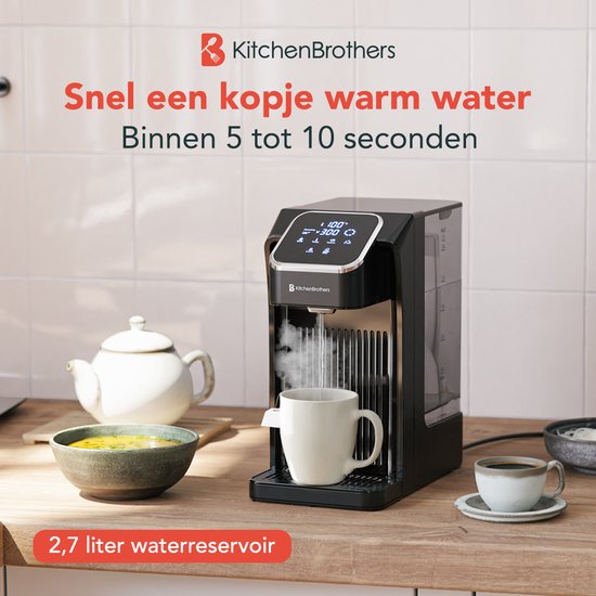 KitchenBrothers Distributeur d'eau chaude - Robinet d'eau chaude - 40-100°C - 100/150/200/250/300/350/400 ml - Bouilloire instantanée - 2.7L - Noir