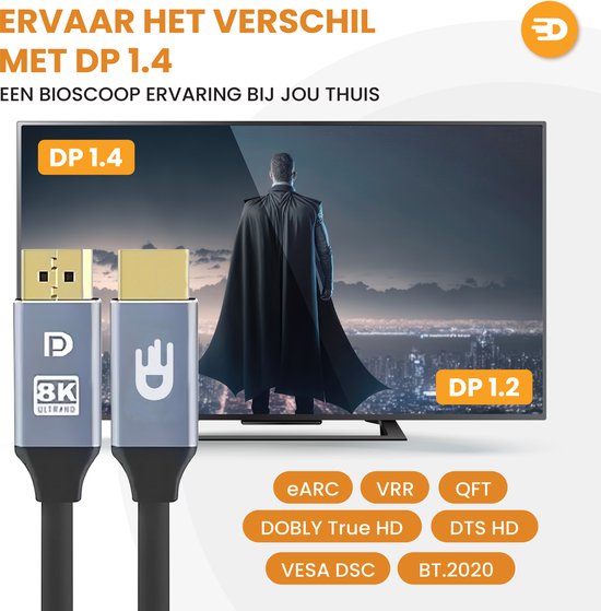 Drivv. Câble Displayport - 8K 60Hz - 4K 144 Hz - 32.4GBps - Displayport 1.4 - Câble DP - PVC - 3 mètres - Gris spatial