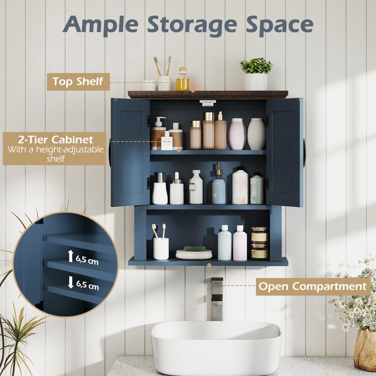 Armoire murale Coast en bois - étagères réglables - portes et compartiment de rangement ouvert - bleu marine 55 x 19 x 60 cm