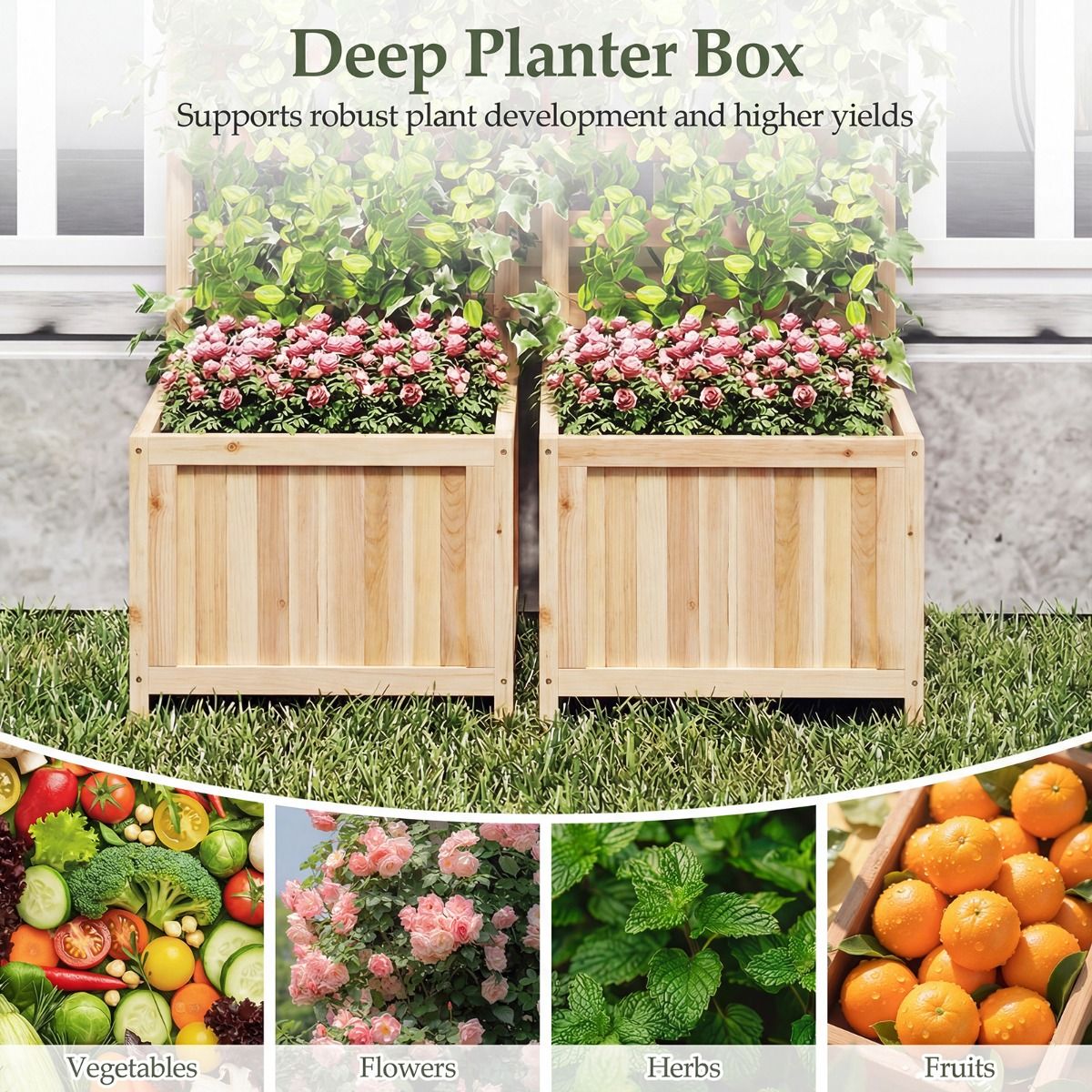Jardinière surélevée en bois Coast avec treillis d'escalade - avec trous de drainage - panneaux réglables - couleur naturelle - 123 cm