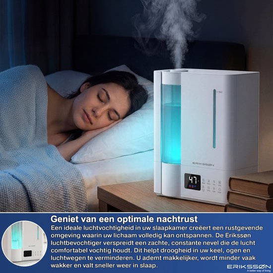 Humidificateur Erikssøn Elite - 8 litres - Convient pour le salon, le bureau, la chambre à coucher, la chambre de bébé - Humidificateur - Avec fonction d'aromathérapie - Blanc