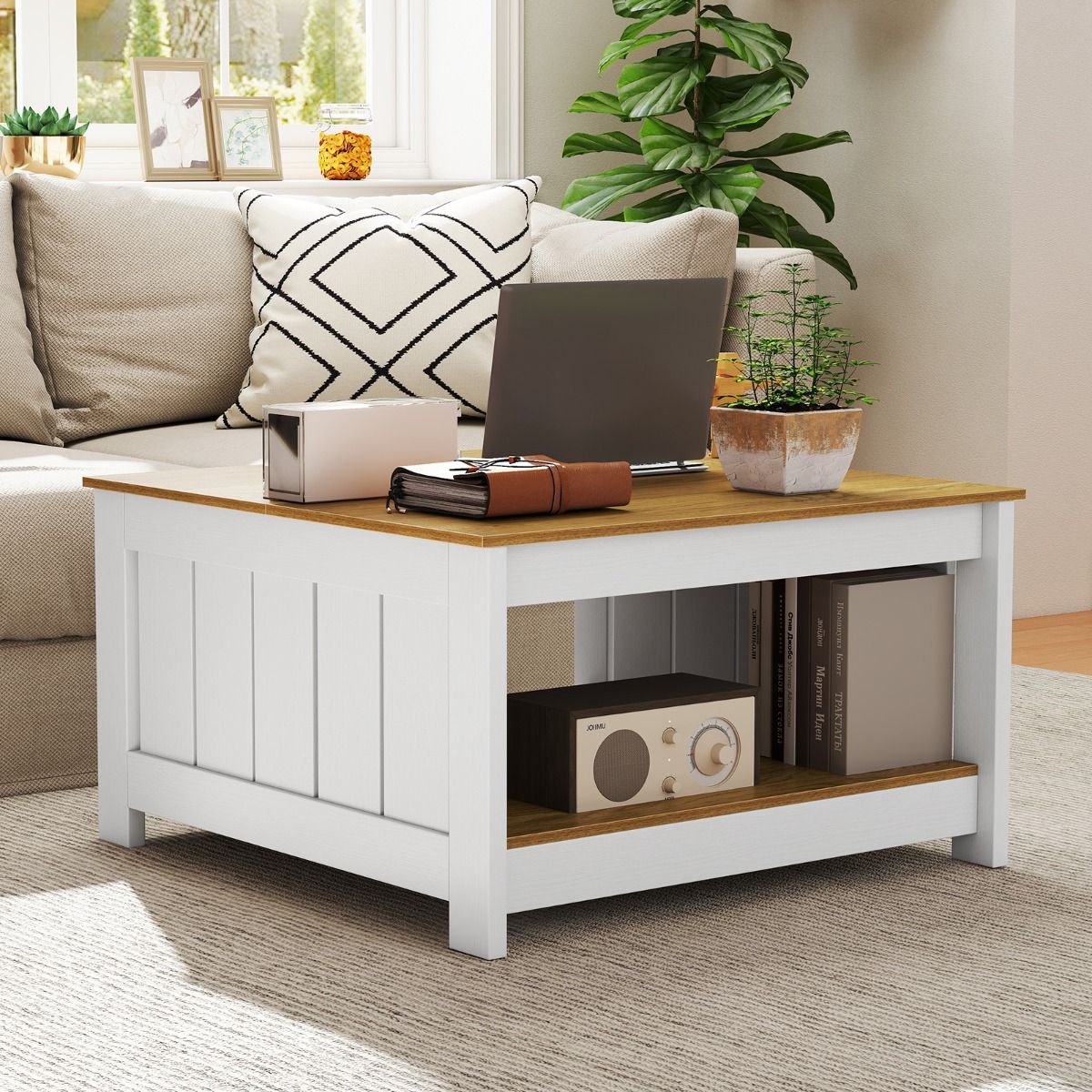 Lot de 2 tables basses Coast - 2 niveaux - avec espace de rangement - naturel et blanc