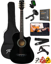 Kit de démarrage pour guitare acoustique Finesse - 38 pouces - Avec accessoires et cours vidéo - Noir