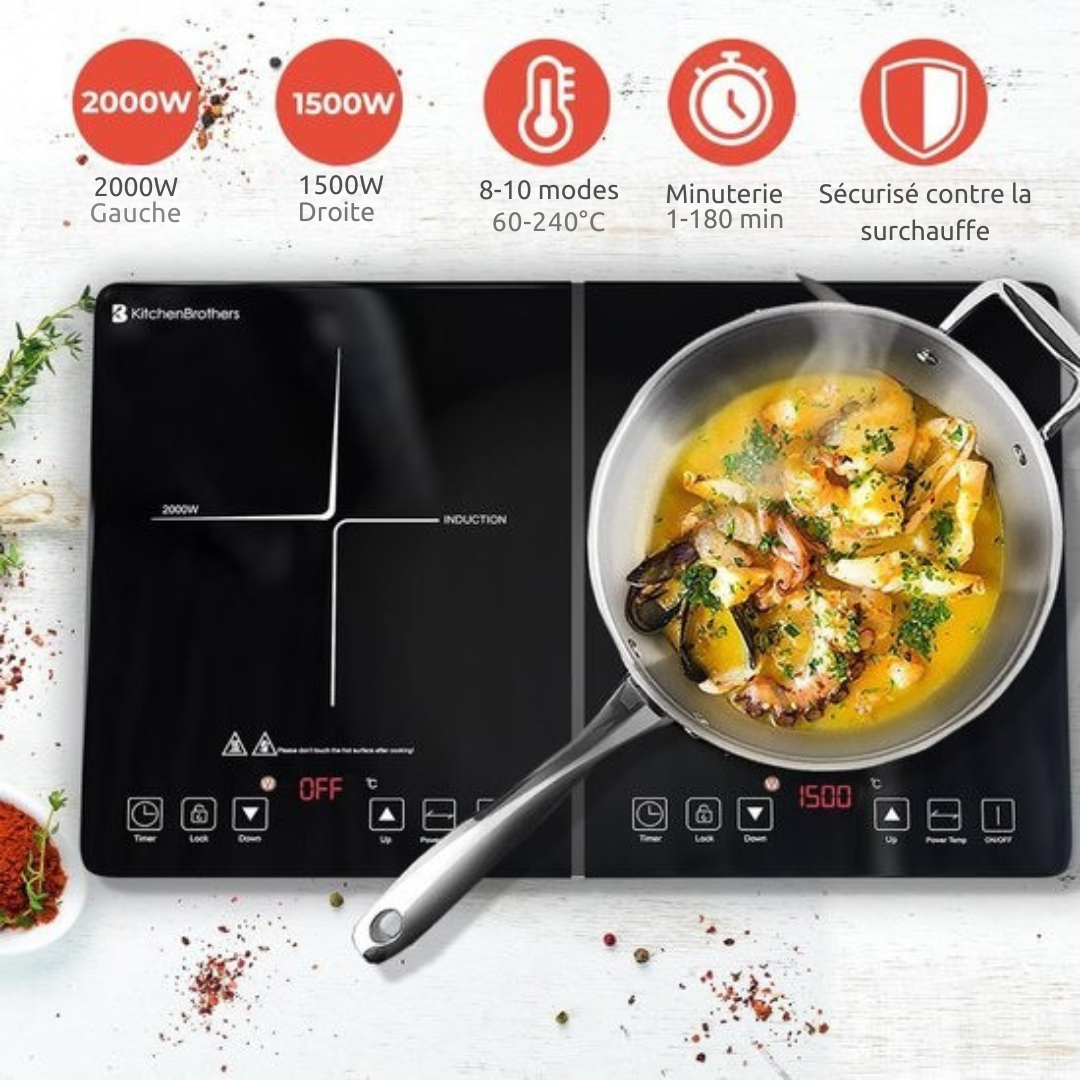 Plaque induction - KitchenBrothers - Table de cuisson transportable - 2 brûleurs - pose libre - 1500W + 2000W - acier inoxydable