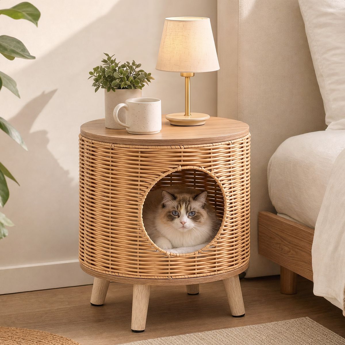 Coast Maison pour chat avec structure en rotin - coussin amovible - sur pieds - couleur naturelle - 36 x 41 cm