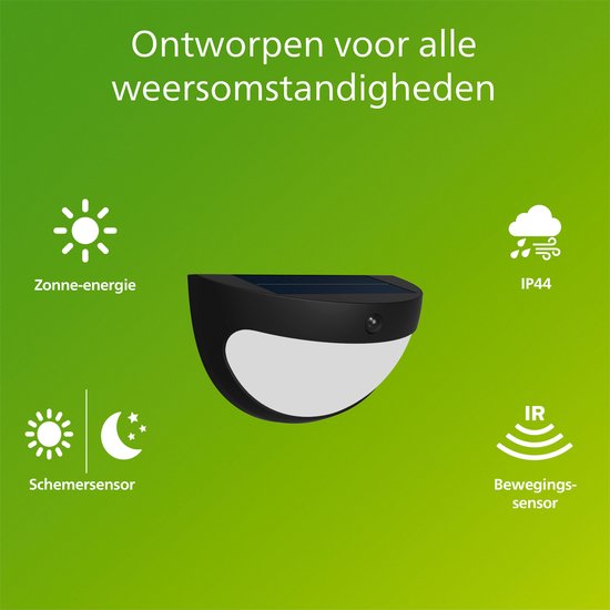 Applique murale Philips Swyn Solar - Énergie solaire - Lumière blanc chaud : 2700 K - Noir - Deux modes d'éclairage - Capteur crépusculaire - Détecteur de mouvement - IP44 : résistante aux intempéries - Éclairage extérieur solaire