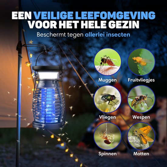 Vulpes Goods® Repellent - Mosquito lamp PRO - Electric Insect Killer - Fly lamp - Insect lamp - UV mode & Night light - Suspendable - Rechargeable & Solar - Waterproof - Incl. collection tray & cleaning brush