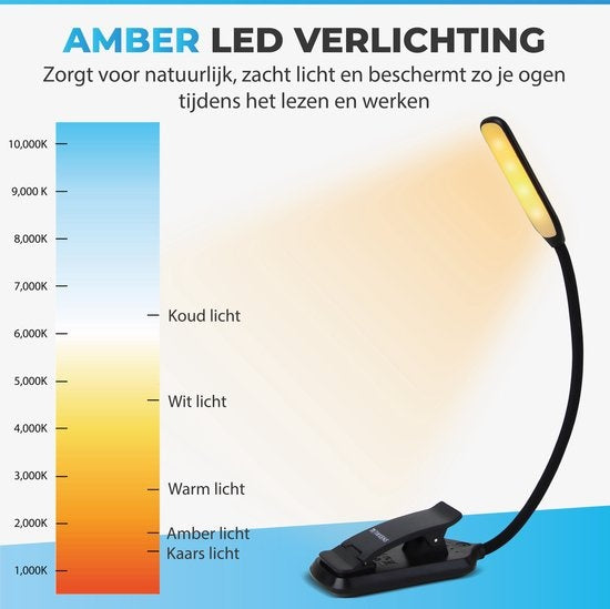 Tikkens Lampe de lecture LED pour livre - Lampe de lecture de table de nuit pour le lit - Lampe de lecture rechargeable par USB avec pince - Lampe de lecture avec 3 niveaux de lumière