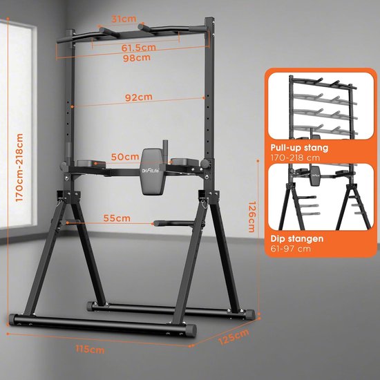 DH FitLife Power Tower Dip Station pliable jusqu'à 210 kg | Barre d'étirement autoportante avec barres de trempage et entraîneur dorsal | Power Station Power Tower