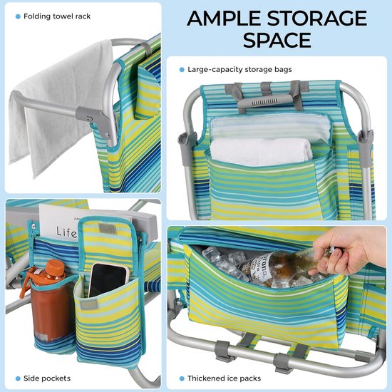 Lot de 2 chaises de plage de luxe - Réglables (5 positions) - Pliables avec sangles de sac à dos, sac isotherme et porte-serviettes - Rayures vertes et bleues