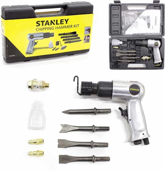 Stanley Pneumatic chisel hammer set, puissant travail de démolition avec 4 burins, connecteurs rapides et étui de rangement