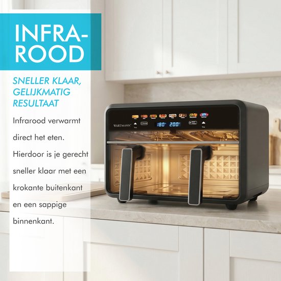 Friteuse à air chaud double XXL 11 L - Friteuse à air chaud sans PFAS - Infrarouge - Double zone - 2 x 5,5 L - 40–200 °C - 8 programmes de cuisson - 2 850 W - WM-2511 AF - Noir