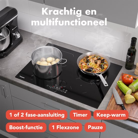 KitchenBrothers - Table de cuisson à induction encastrable - 70 cm - 4 zones de cuisson (2800W par zone) - Flex Zone & Turbo Boost - Verre & Céramique - Noir