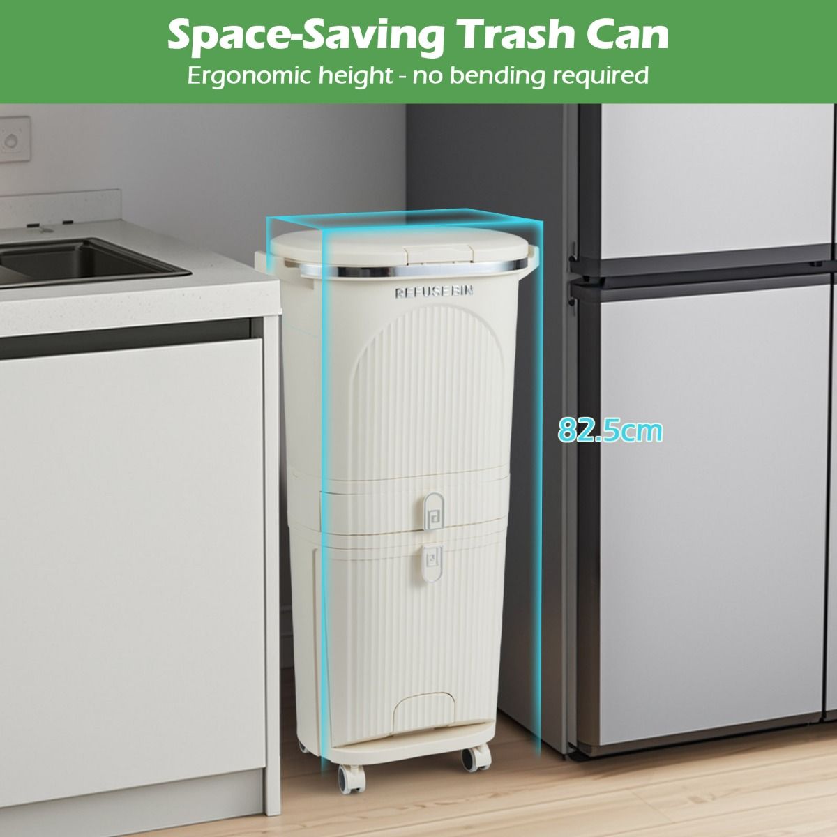 Poubelle de tri sélectif Coast - 3 compartiments - tiroir coulissant - pédale - beige - 42 litres