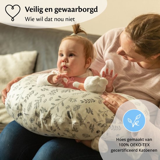 Ella Voedingskussen met hoes van 100% katoen - Zwangerschapskussen - Inclusief afneembare en wasbare hoes - Wit met plantjes