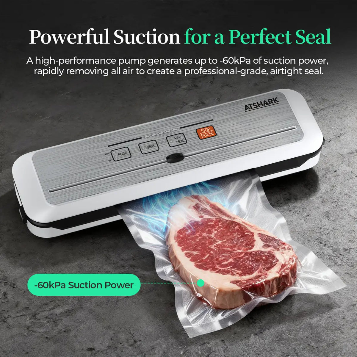 Machine sous vide ATSHARK 5-en-1 – Écran tactile haute pression, rapide et pratique, 50 sachets sous vide inclus, idéale pour la conservation des aliments à la maison, blanche, VS6621