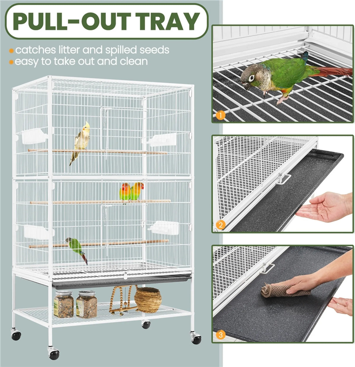 Yaheetech XXL Bird Cage With 360° Swivel Wheels - Fitted With Lower Storage Shelf And Three Perches And Secure Lock - For Parrots And Cockatoos - White Metal - 79 x 52 x 132 cm