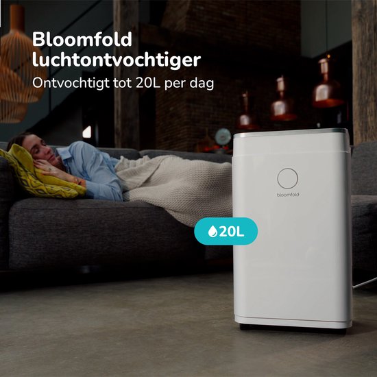 Déshumidificateur Bloomfold - 20L par jour - Fonction Lavage-Séchage incluse - Convient au salon, à la chambre, à la cave et à la salle de bain - Déshumidificateur - Blanc