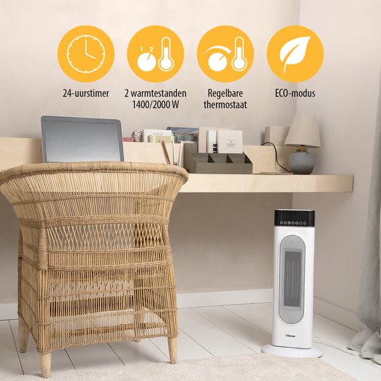 Radiateur électrique Tristar KA-5098 - Radiateur à tour en céramique - Télécommande - Convient pour 25 m² - Radiateur soufflant - Blanc